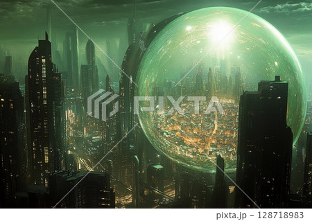 Futuristic city enclosed in a glowing sphere with reflections of skyscrapers and sunset over urban landscape 128718983