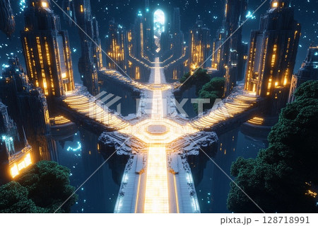 Floating city with geometric design illuminated at dusk above a tranquil landscape 128718991