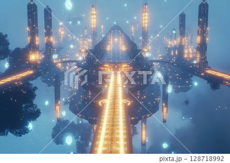 Floating city with geometric design illuminated at dusk above a tranquil landscape 128718992
