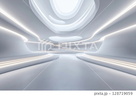 Futuristic museum showcasing symmetrical spiraling ramps illuminated by soft lighting for an immersive visitor experience 128719059