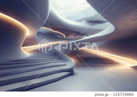 Futuristic museum showcasing symmetrical spiraling ramps illuminated by soft lighting for an immersive visitor experience 128719060