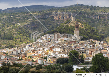 Jerica cityscape featuring the Collegiate Church of Santa Maria and surrounding mountains in Valencian Community, Spain Jerica cityscape featuring the Collegiate Church of Santa Maria and surrounding mountains in Valencian Community, Spain 128719104