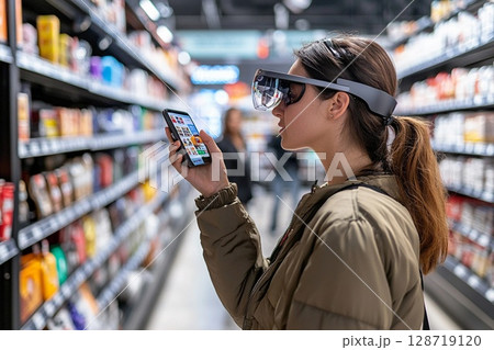 Shopper explores supermarket aisles with augmented reality glasses for product information and details 128719120