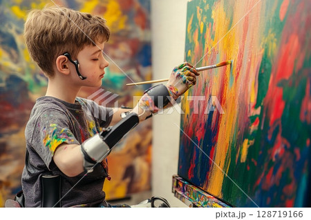 Creative artist with prosthetic arms passionately expresses himself through painting in an art studio space during daytime 128719166