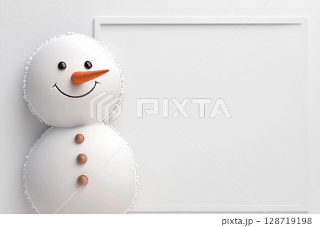 Snowman levitating in a snowy landscape with a red scarf and cheerful expression 128719198