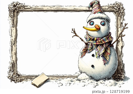 Cartoon snowman with exaggerated features joyfully hopping in a snowy winter landscape 128719199