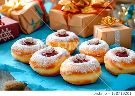Delicious Hanukkah sufganiyot with powdered sugar and festive gifts arranged for celebration 128719201