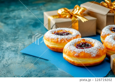 Delicious Hanukkah sufganiyot with powdered sugar and festive gifts arranged for celebration 128719202