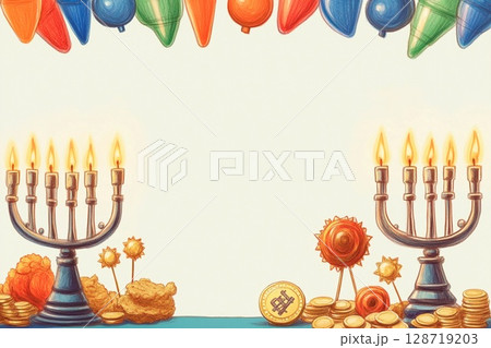 Elegant Hanukkah display with candlestick and glittering decorations in warm evening light 128719203