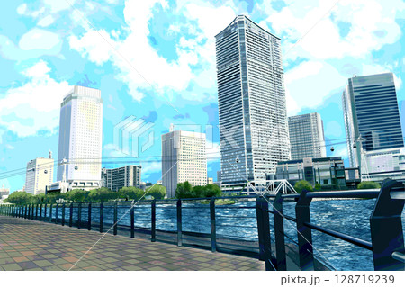 横浜の海が見えるビル街とロープウェイ空鮮やか付き 横浜の海が見えるビル街とロープウェイ空鮮やか付き 128719239