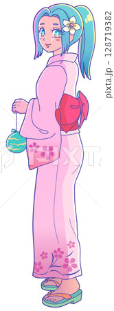 水ヨーヨーを持った浴衣姿の女の子が振り向いているロマンチックなイラスト 128719382
