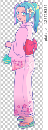 水ヨーヨーを持った浴衣姿の女の子が振り向いているロマンチックなイラスト 128719382