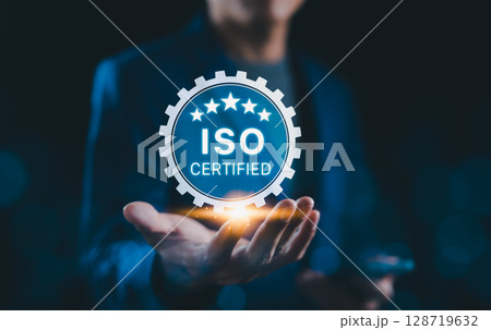 ISO certification standard assurance for business quality and compliance concept. ISO certified, symbol quality management, international standards, organizational excellence, operational efficiency, 128719632