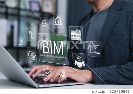 Building Information Modeling (BIM) Technology for Construction Projects. A professional working with BIM icons, tech used in construction, architecture, planning, management, increased efficiency, 128719641