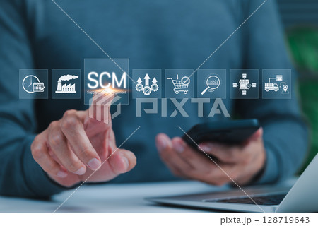 Supply Chain Management SCM System, and Logistics Technology. SCM icons representing factories, logistics, analytics, and retail, supply chain management, efficiency, and modern business operations. 128719643