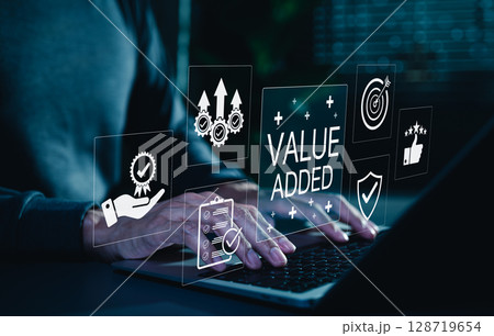 Business value added and product worth enhancement. Person working with value added icons, quality assurance, growth, target goal, customer satisfaction, strategy to increase product or service worth, 128719654