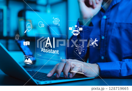 AI assistant technology concept. Person working with artificial intelligence icons, chatbot communication, machine learning, automation tools, and virtual assistant services in modern business setting AI assistant technology concept. Person working with artificial intelligence icons, chatbot communication, machine learning, automation tools, and virtual assistant services in modern business setting 128719665
