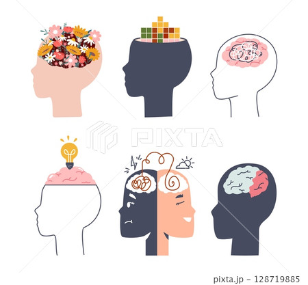 Human head profile icons. Different types of mind, logic, creative thinking. Psychological problems, bipolar, mood swings, idea generation, vector set 128719885