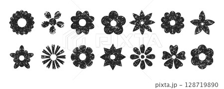 Grunge black flowers. Isolated hand drawn ink or pencil flower icons. Decorative natural blossom elements. Daisy or chamomile vector clipart 128719890
