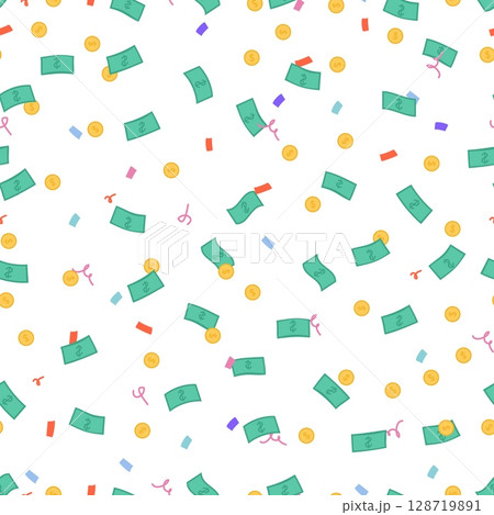 Falling money seamless pattern. Paper banknote and coins, confetti. Banking, winning lottery, investment successful. Financial print, vector background Falling money seamless pattern. Paper banknote and coins, confetti. Banking, winning lottery, investment successful. Financial print, vector background 128719891