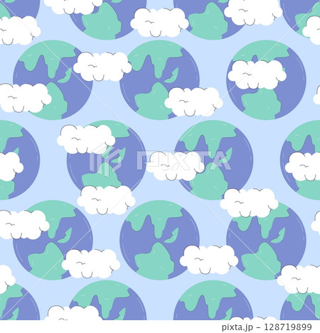Abstract earth planet and white clouds. Seamless pattern with sky, cloud and planets. Print for fabric, wallpaper, wrapping, vector cartoon background Abstract earth planet and white clouds. Seamless pattern with sky, cloud and planets. Print for fabric, wallpaper, wrapping, vector cartoon background 128719899