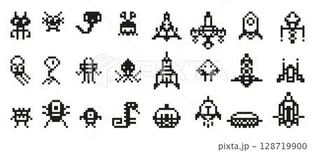 Pixel space invaders. Arcade game 8 bit characters and spaceships, black pixels graphic. Isolated aliens or monsters, galaxy retro play neoteric vector set 128719900
