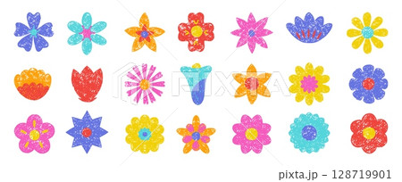 Pencil drawing flower icons. Different abstract flowers, childish drawn design. Isolated floral vibrant elements. Decorative patches, neoteric vector set Pencil drawing flower icons. Different abstract flowers, childish drawn design. Isolated floral vibrant elements. Decorative patches, neoteric vector set 128719901