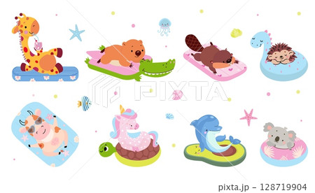 Animals swimming. Funny animal swim on inflatable rings and mattress. Isolated giraffe hedgehog wombat unicorn, summer nowaday vector characters 128719904