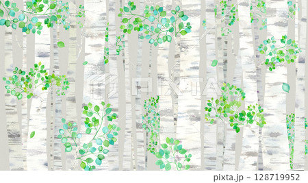 夏の高原のイメージ背景。新緑の白樺の森の水彩イラスト。 128719952