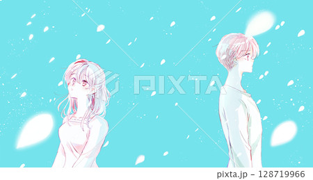 背中合わせの男女　上半身　無表情　花びら　余白 128719966