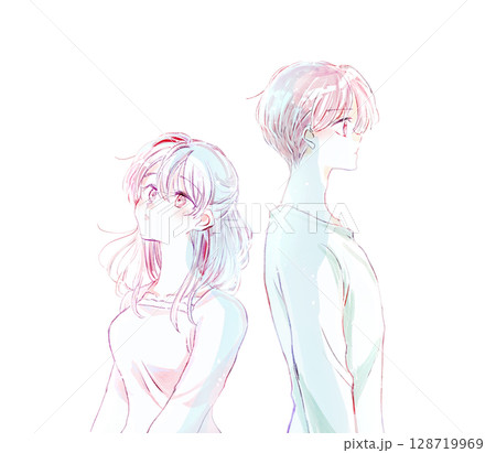 背中合わせの男女 上半身 無表情 風 背中合わせの男女 上半身 無表情 風 128719969