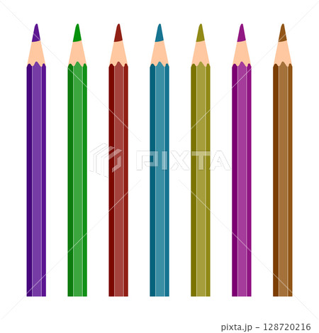 Colorful Set of Vertical Pencils in a Row Vector Illustration. A vector illustration featuring a row of 7 vertical colored pencils, each pencil consisting of three vertical segments. 128720216