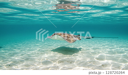 浅瀬を優雅に泳ぐエイと海底に落ちる光の模様 浅瀬を優雅に泳ぐエイと海底に落ちる光の模様 128720264