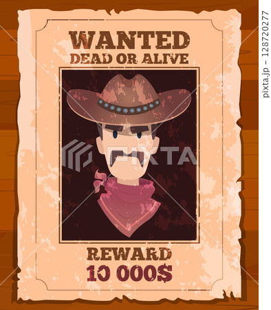 Wanted criminal posted. placard template of wild west crime 128720277