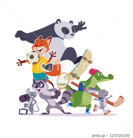 Sport animals. group of wild funny animals in sports activities 128720280
