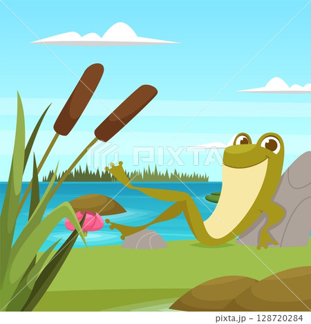 Lazy frog. cartoon amphibian relax time in pond Lazy frog. cartoon amphibian relax time in pond 128720284