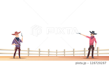 Cowboy shooting. wild west aggressive characters duel shooting with pistols 128720287