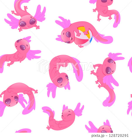 Axolotl. seamless pattern with axolotl in cartoon style 128720291