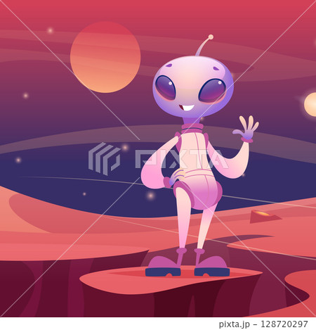 Alien on space. wave hand character standing on planet Alien on space. wave hand character standing on planet 128720297