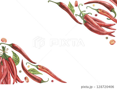Rectangular frame with red hot chili peppers placed diagonally. Spices, vegetables, paprika are hand-drawn with watercolors in a botanical style. For culinary design, restaurants, food printing 128720406