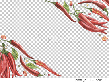 Rectangular frame with red hot chili peppers placed diagonally. Spices, vegetables, paprika are hand-drawn with watercolors in a botanical style. For culinary design, restaurants, food printing 128720406