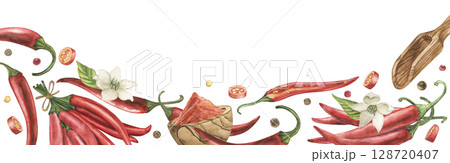A picturesque watercolor banner featuring: hot chili peppers, ground paprika in a wooden plate, various spices, green leaves and flowers. The illustration is hand-drawn in a botanical style 128720407