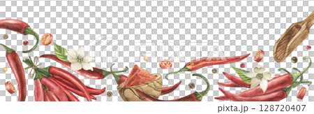 A picturesque watercolor banner featuring: hot chili peppers, ground paprika in a wooden plate, various spices, green leaves and flowers. The illustration is hand-drawn in a botanical style 128720407