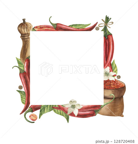 A square frame with red hot chili pepper pods, green leaves, flowers, a wooden pepper pot, and a bag full of spices. The watercolor illustration is hand-drawn in a botanical style. For packaging. 128720408