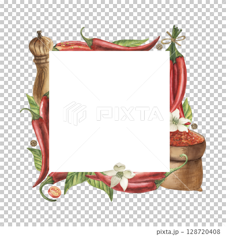 A square frame with red hot chili pepper pods, green leaves, flowers, a wooden pepper pot, and a bag full of spices. The watercolor illustration is hand-drawn in a botanical style. For packaging. 128720408