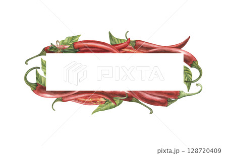 Rectangular narrow frame with juicy watercolor illustrations of red hot chili peppers. Vegetables are hand-drawn in a botanical style. For the design of culinary blogs, use in the restaurant business 128720409