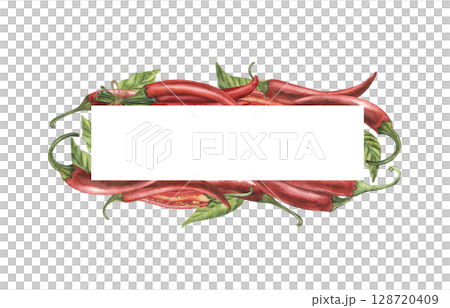 Rectangular narrow frame with juicy watercolor illustrations of red hot chili peppers. Vegetables are hand-drawn in a botanical style. For the design of culinary blogs, use in the restaurant business Rectangular narrow frame with juicy watercolor illustrations of red hot chili peppers. Vegetables are hand-drawn in a botanical style. For the design of culinary blogs, use in the restaurant business 128720409