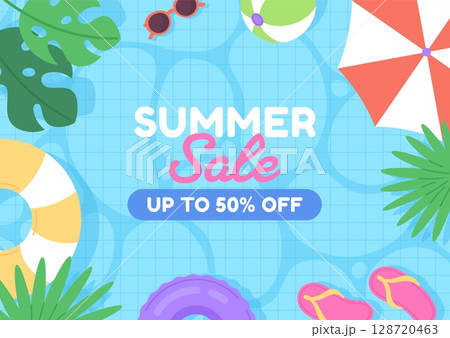 Summer seasonal sale banner. Water pool top view background with inflatable rings, slippers, sunglasses, tropical plants. Discount time vector poster 128720463