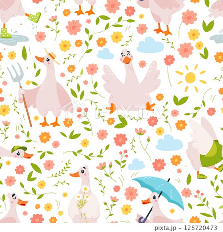 Cartoon geese seamless pattern. Floral template with funny goose. Flowers branches leaves, print for fabric, wallpaper, wrapping, vector background Cartoon geese seamless pattern. Floral template with funny goose. Flowers branches leaves, print for fabric, wallpaper, wrapping, vector background 128720473