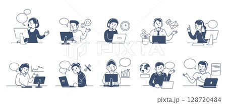 Line call center workers. Male female with headphones and talking with clients. Client support and helping, hotline or helpline. Talkative employee recent vector set 128720484